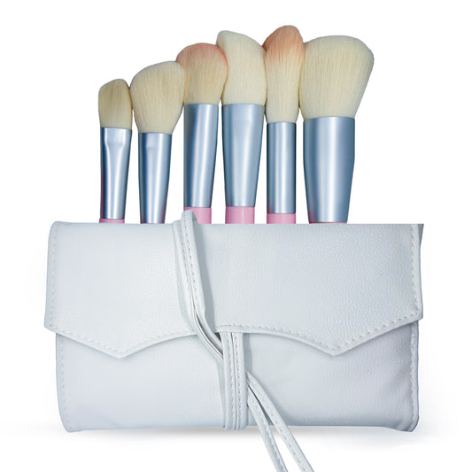 7-Piece Pink Handle Makeup Brush Set with White Pouch