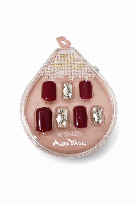 Burgandy / Rhinestones press on nails